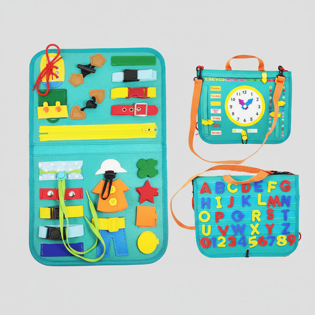 Educational toy with various shapes, letters, and numbers on a blue mat with measurements.