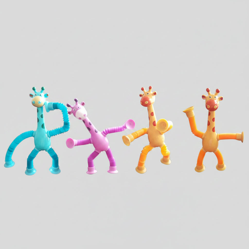 Colorful cartoon suction cup telescopic tube giraffe toys on a white background