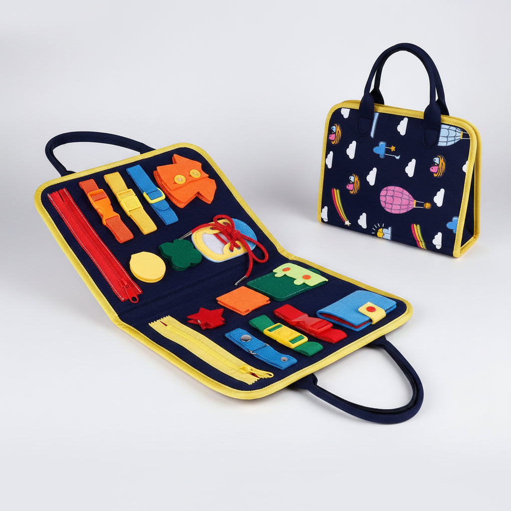 Colorful tool kit with various items on a white background