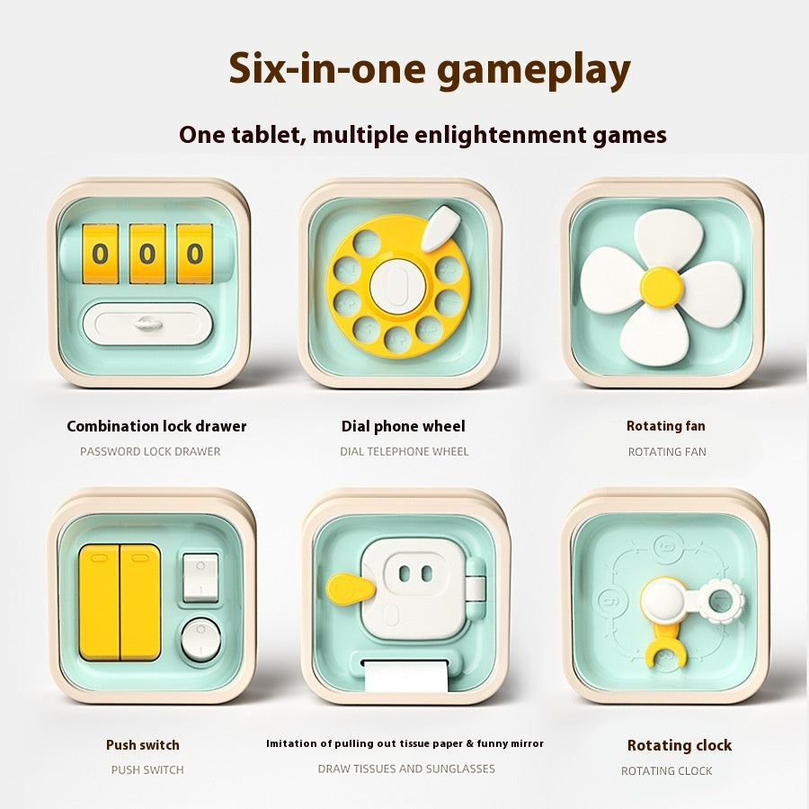 Educational toy set with various interactive elements on a white background