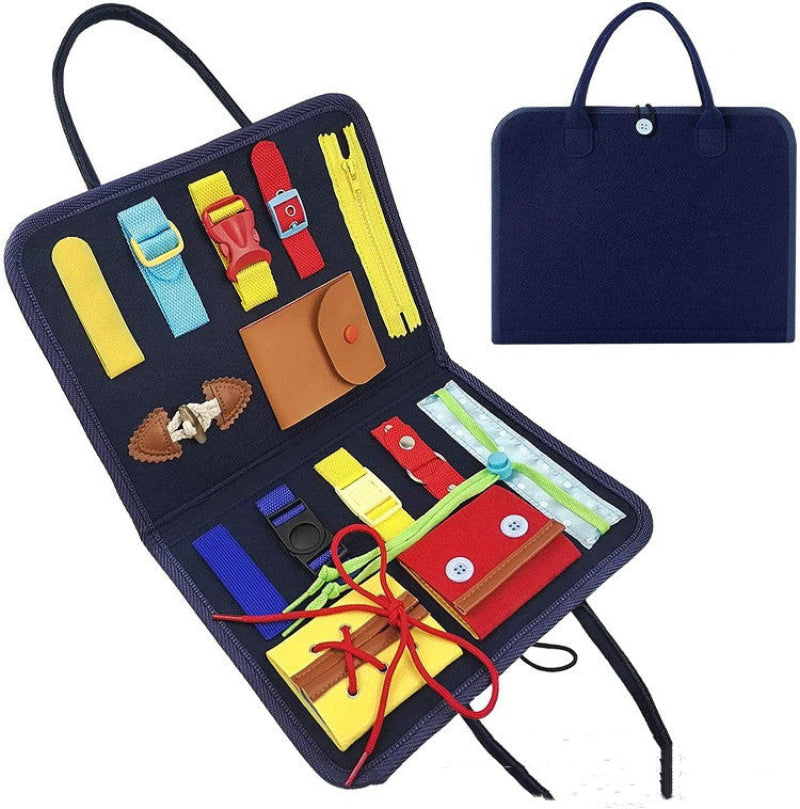 Navy blue case with colorful items including straps and a wallet on a white background