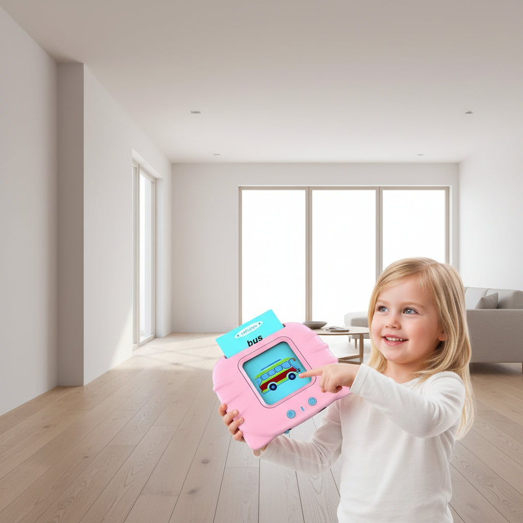 Child playing with educational toys, one pink and one blue, with text indicating learning mode and sound recognition.