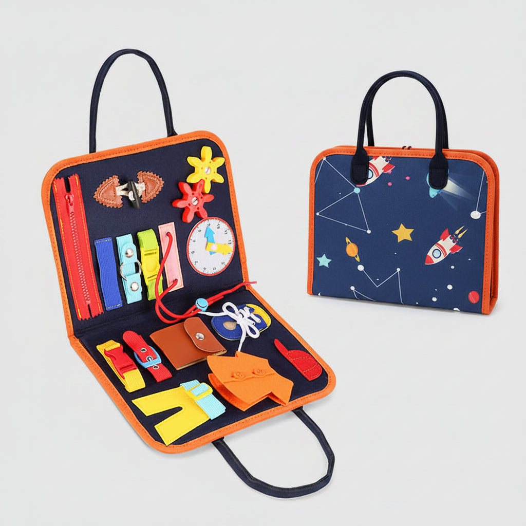 Children's craft kit with various items and dimensions displayed