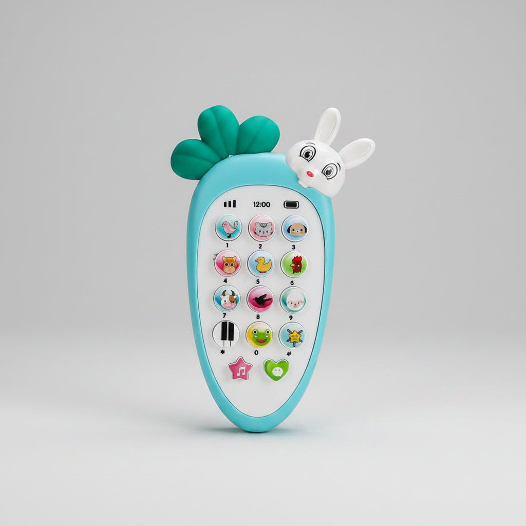 Toy phone with colorful buttons and a rabbit figure on a blue background