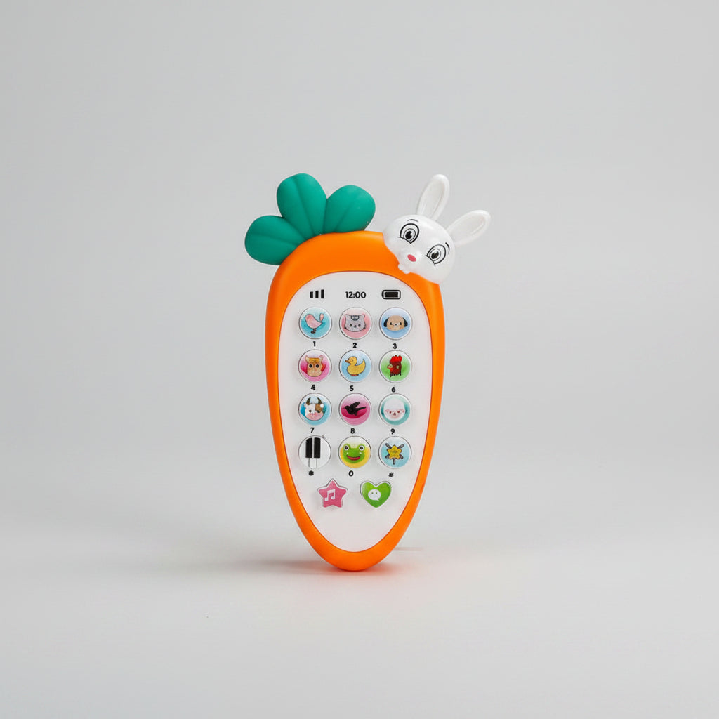 Carrot-shaped educational toy with buttons and a rabbit figure on an orange background