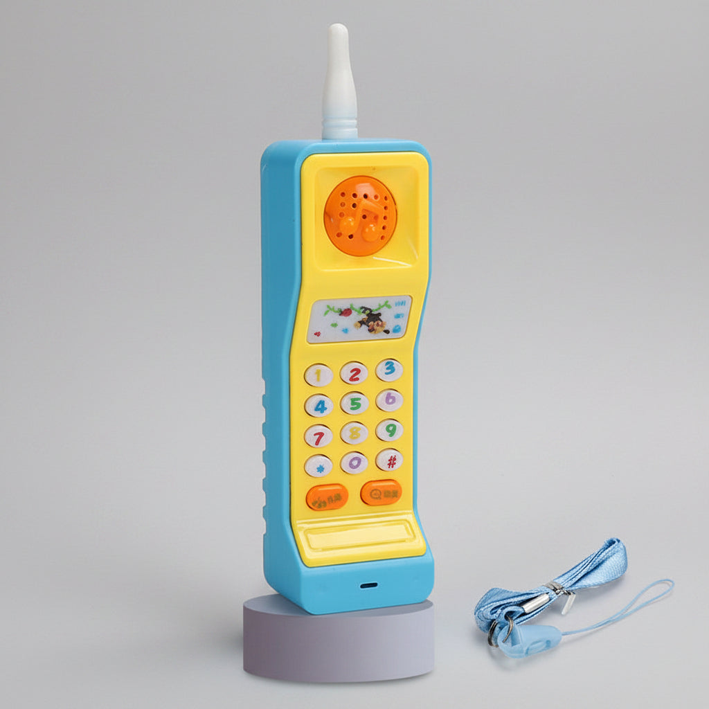 Toy phone with colorful buttons and a antenna on a light blue background