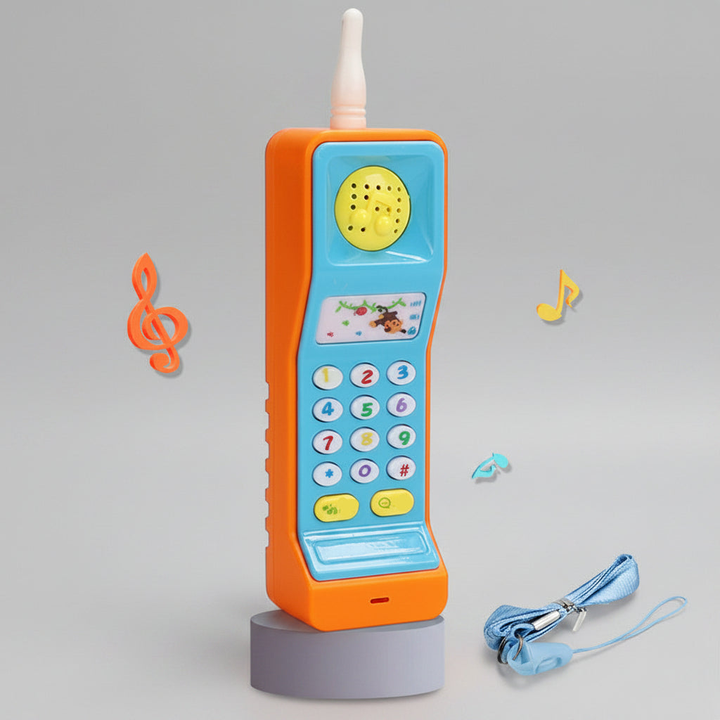 Colorful toy phone with a stand on a peach background