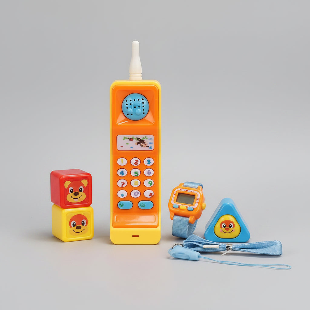 Toy phone with colorful buttons on a yellow background