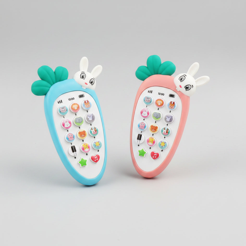 Two colorful toy phones with cartoon character faces on a light orange background