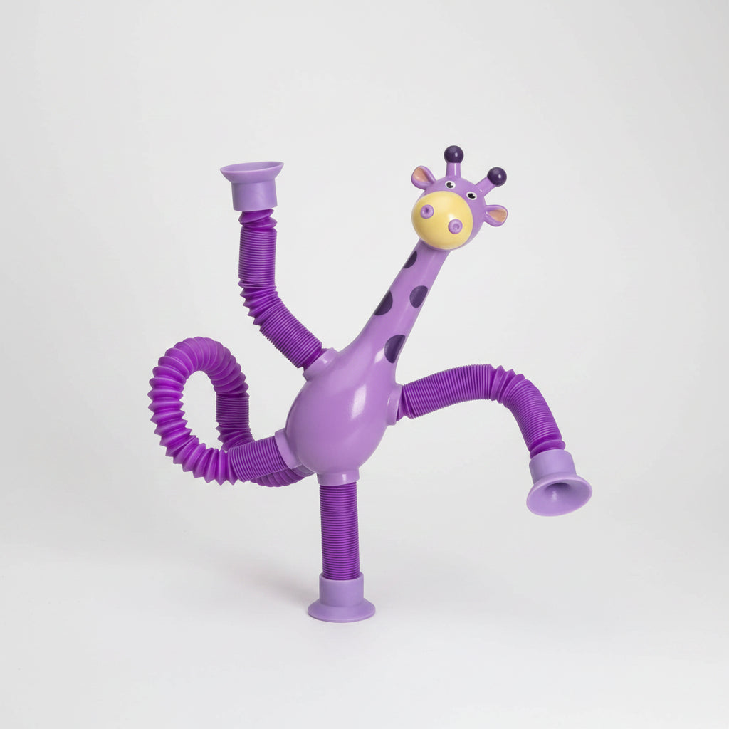 Purple giraffe-shaped toy with a coiled hose on a white background