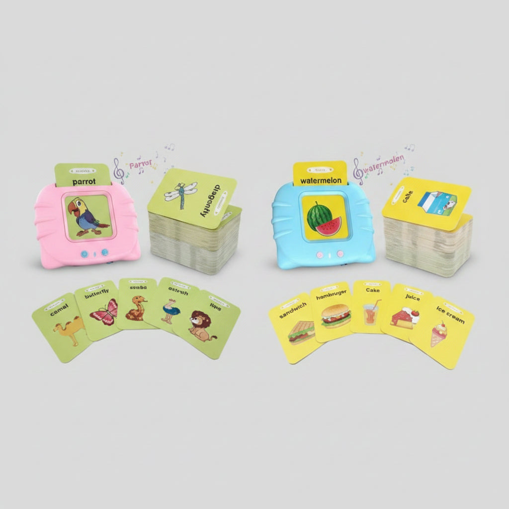 Set of colorful flashcards with illustrations and text on a white background