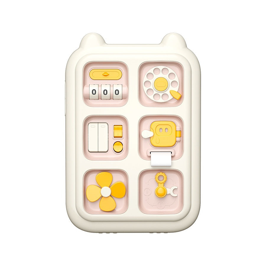 Children's toy with various buttons and a dial on a white background