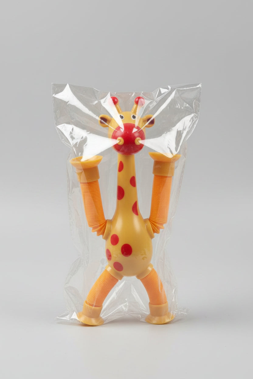 Yellow giraffe-shaped toy with a red nose, held in front of a clear plastic bag.