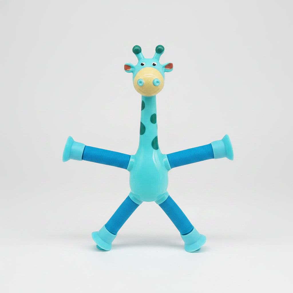 Toy giraffe with detachable parts on a blue background