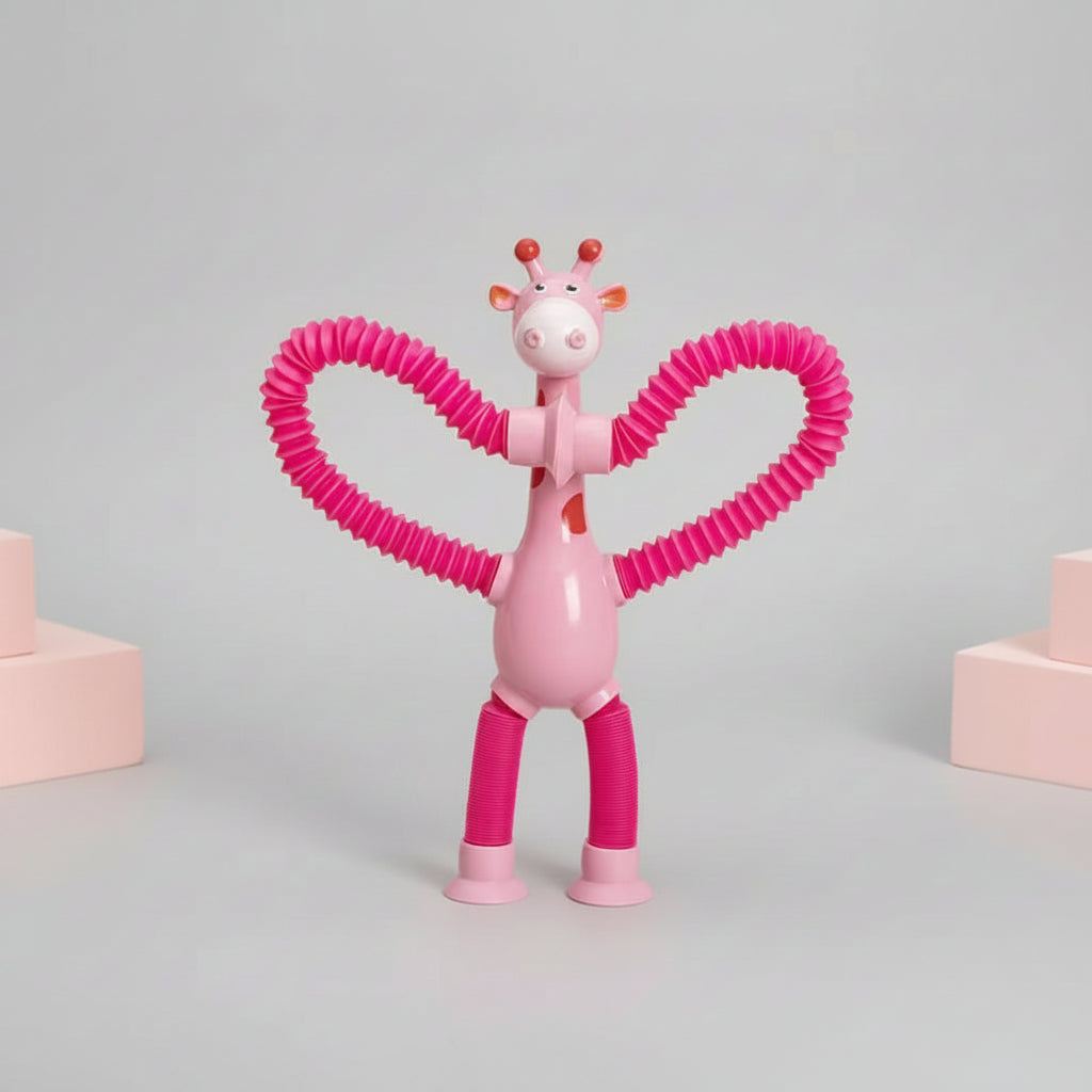 Pink toy giraffe with a heart-shapedon a beige background