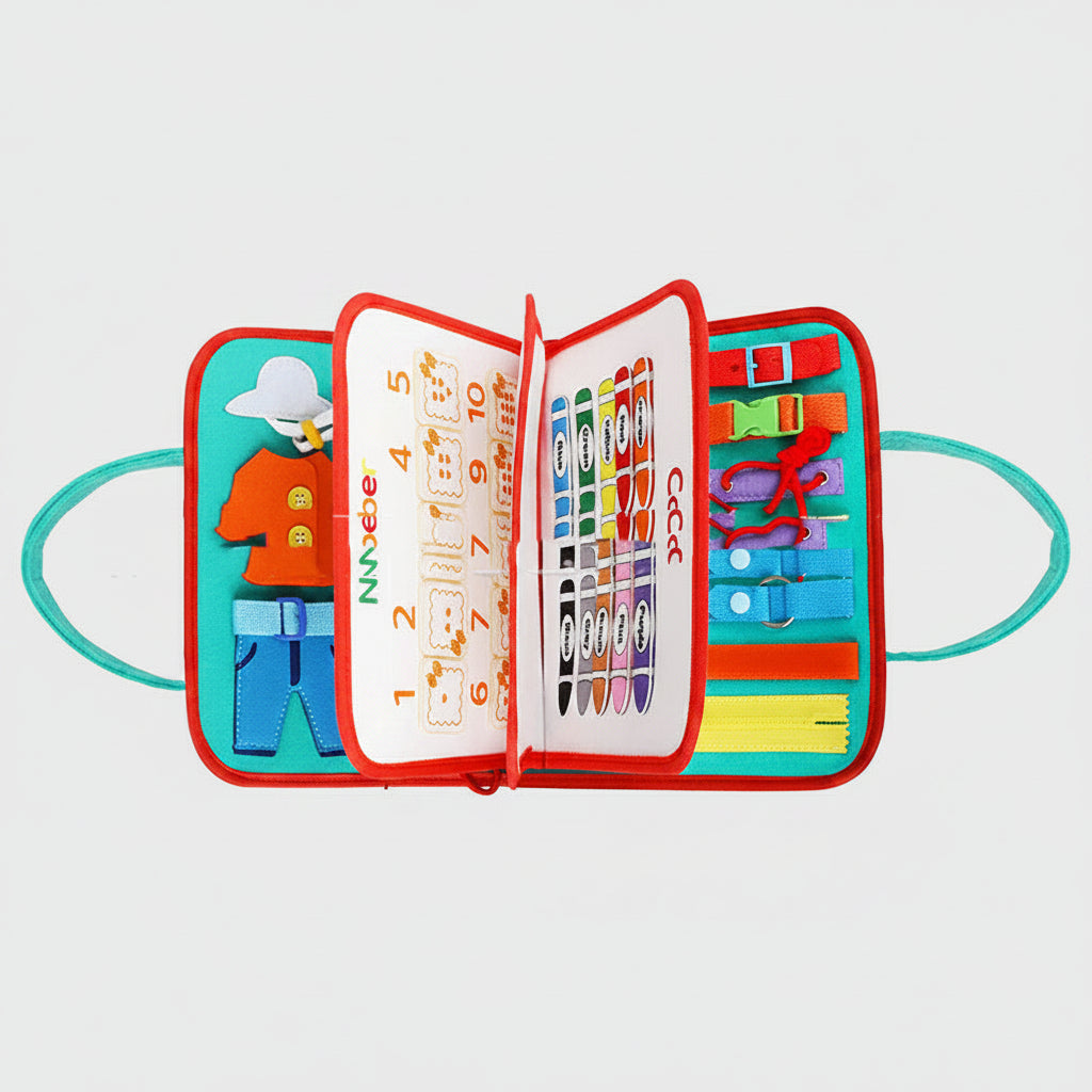 Colorful children's educational book with toys and measurement scale on a white background