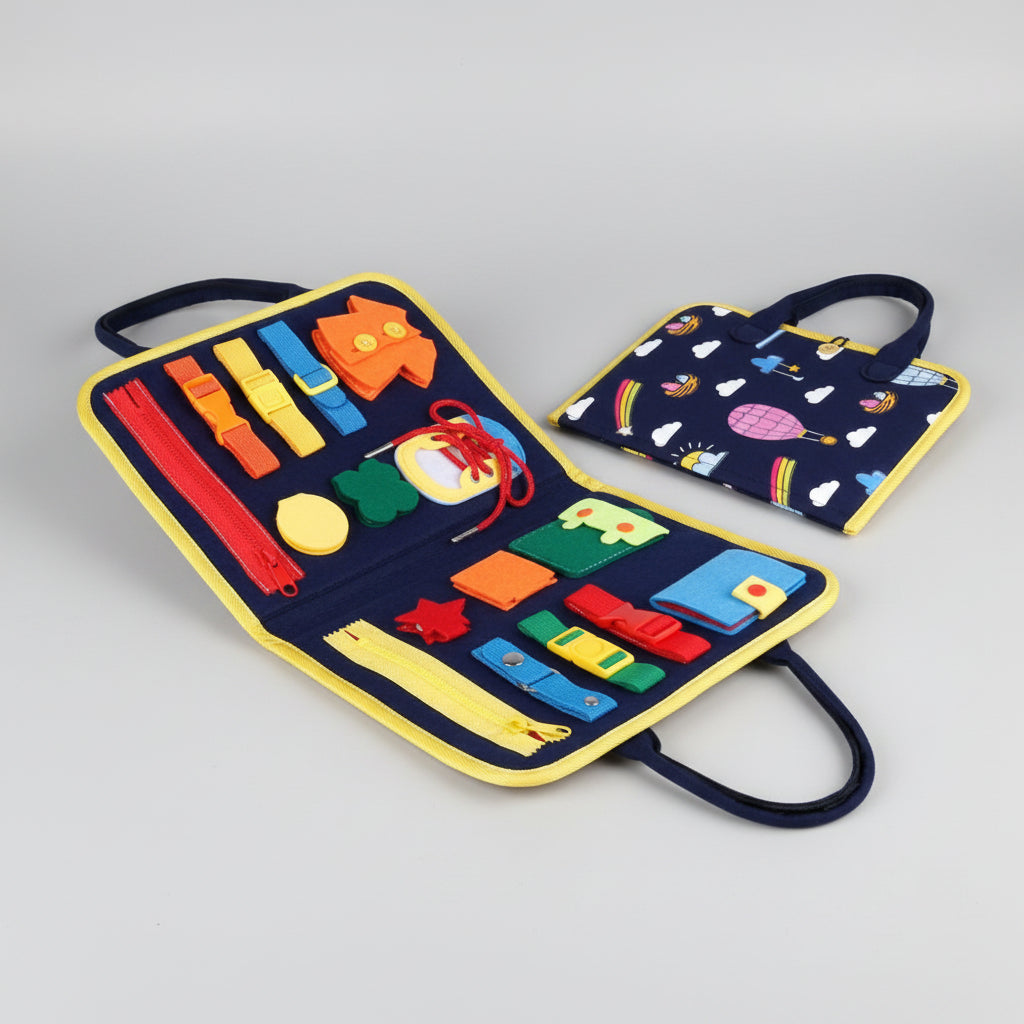 Colorful tool kit with various items on a white background