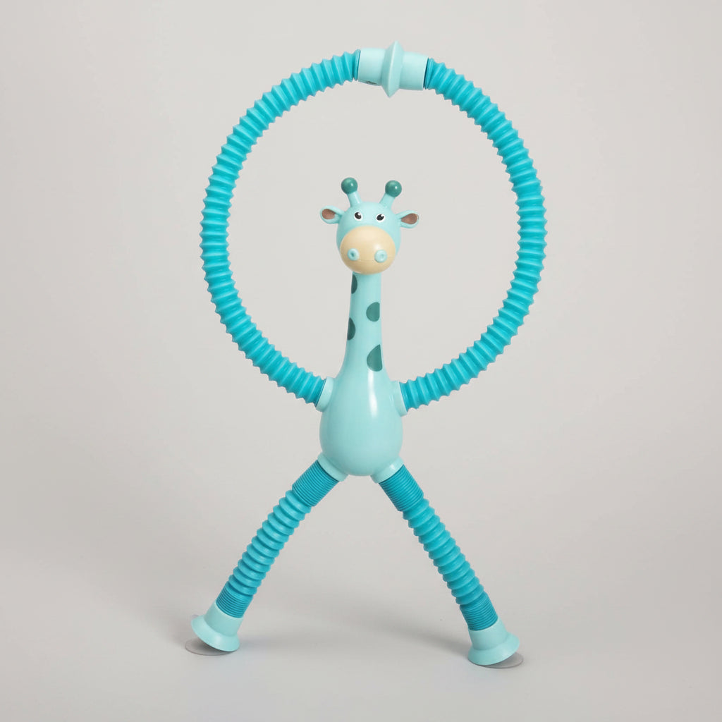 Blue giraffe-shaped toy with a coiled body on a white background