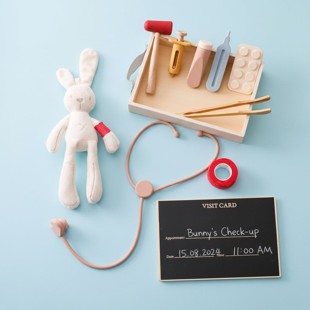 Children's medical play set with toys on a white surface