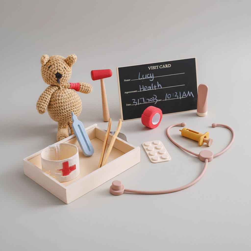 Playful doctor's office setup with teddy bear, toy stethoscope, and medical tools on a wooden surface.