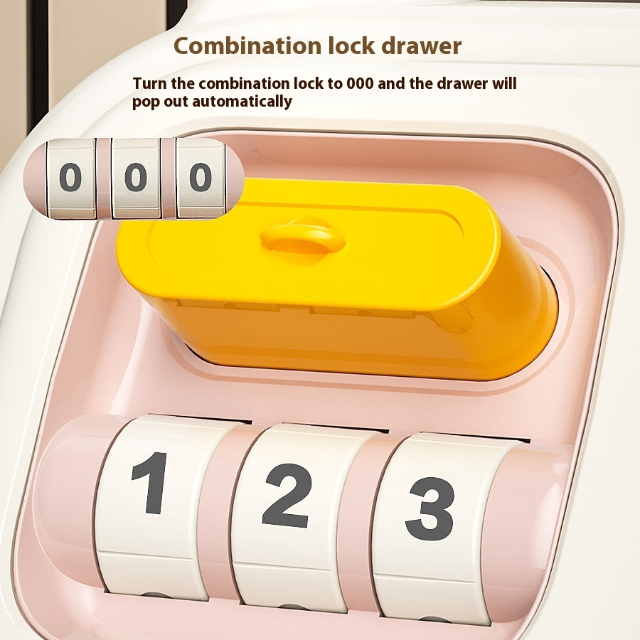Pink combination lock drawer with yellow handle and numeric display