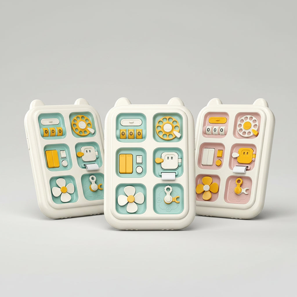 Montessori early childhood education tablets with colorful buttons on a neutral background