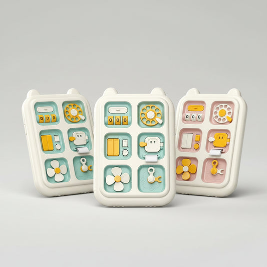 Montessori early childhood education tablets with colorful buttons on a neutral background