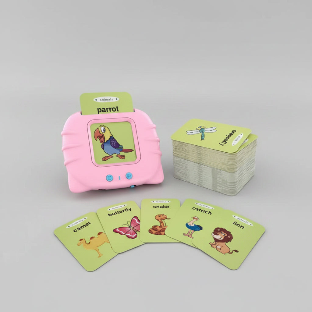 Educational card game with animal illustrations and a pink pillow-like device.