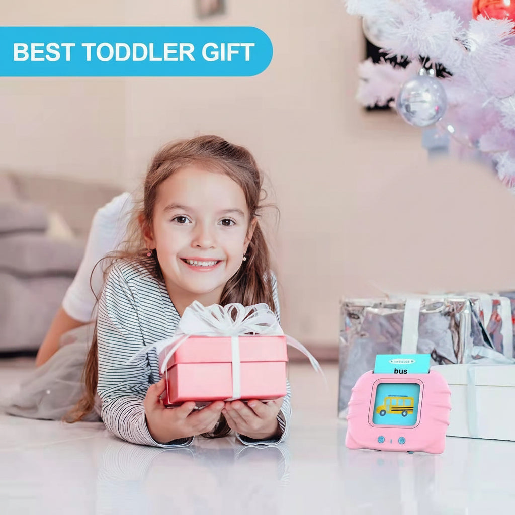 Child holding a pink gift box with a toy next to it, labeled 'Best Toddler Gift'.