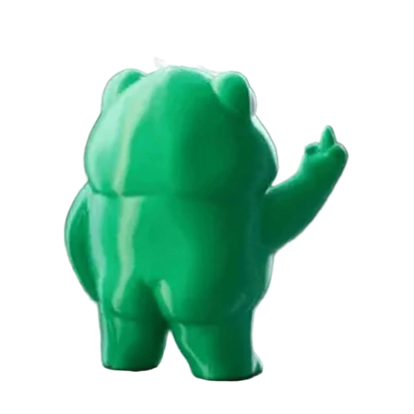 A small green bear-shaped figurine shown from the back, standing on a textured surface with a blurred dark background.