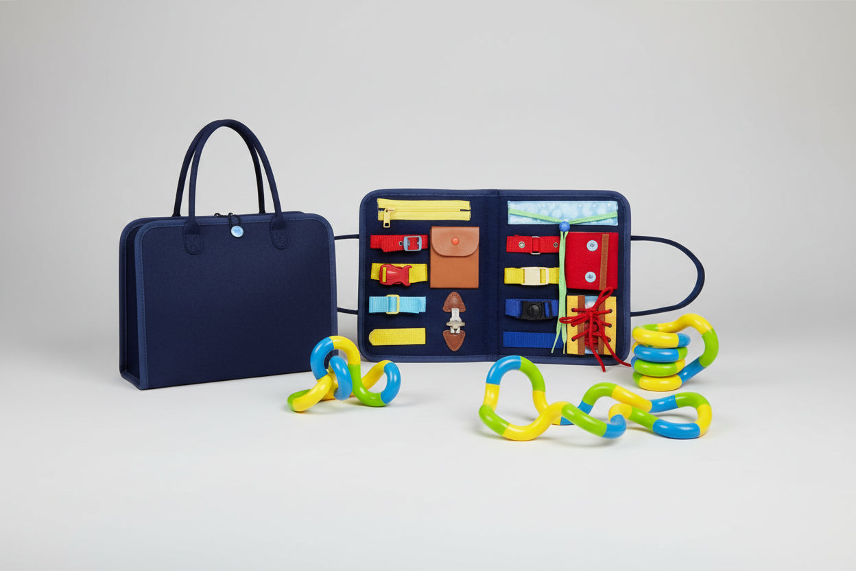 Colorful interlocking rings toy with a carrying case and measurements on a white background