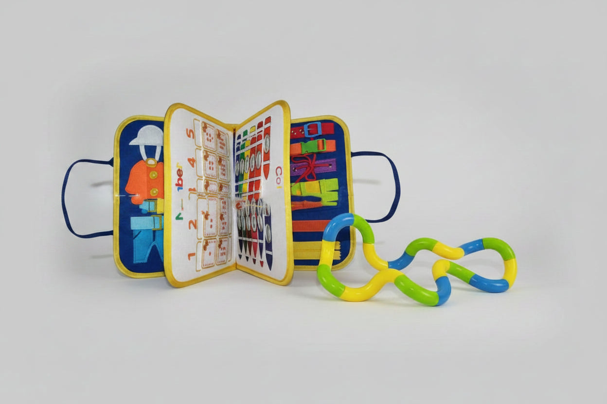 Colorful educational book and interlocking toy on a white background