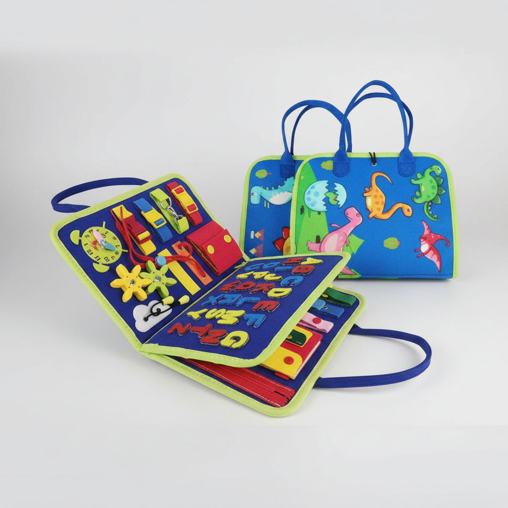 Colorful educational toy with letters and shapes on a white background