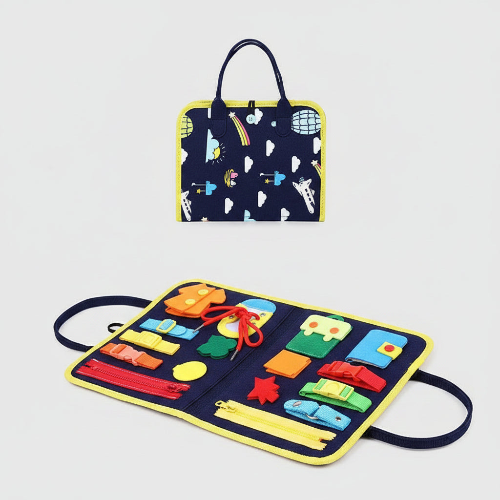 Children's educational toy with colorful buttons and a girl holding a similar bag.