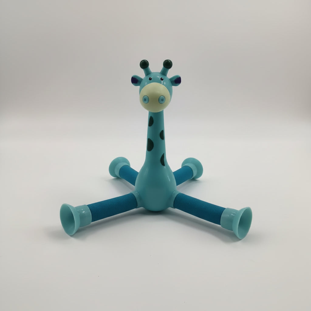 Blue giraffe-shaped toy on a white background