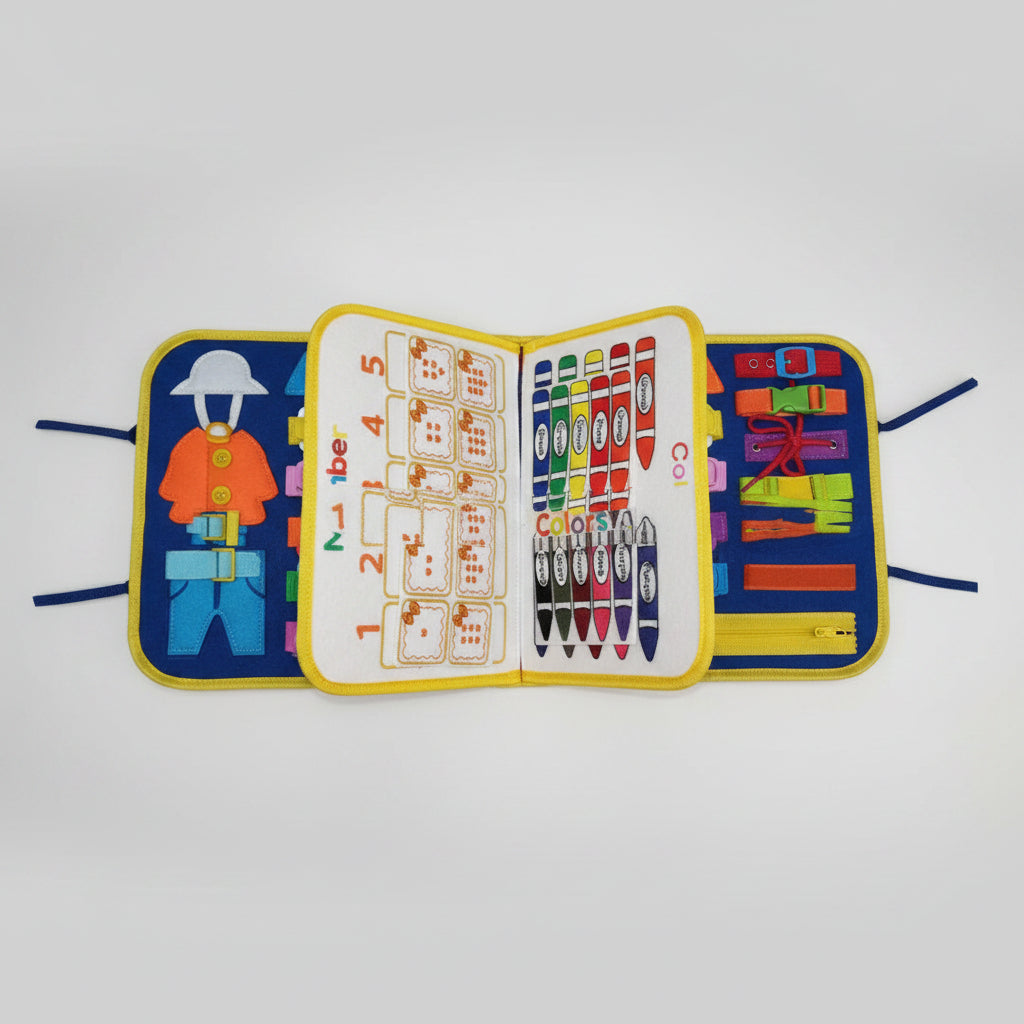 Open book with colorful pages and educational designs on a white background