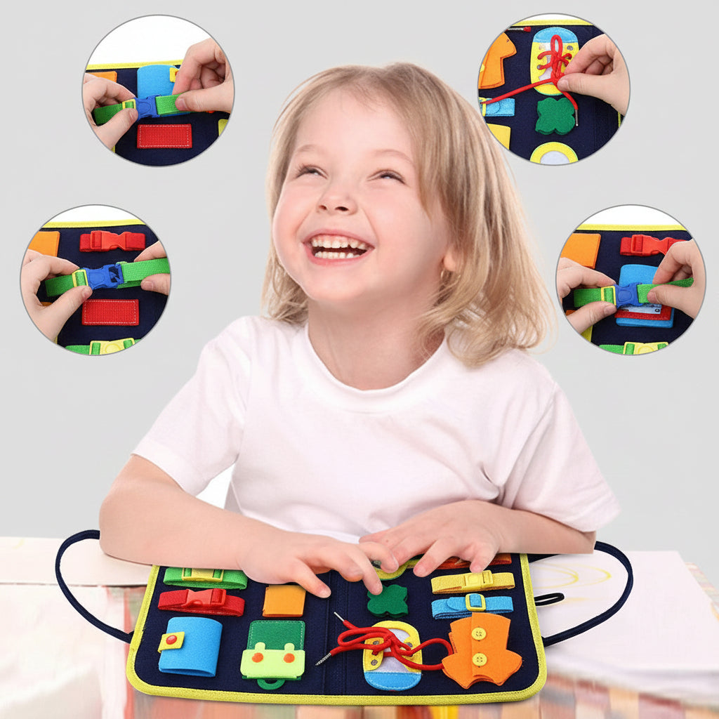 Child playing with a colorful educational toy mat with various shapes and patterns.