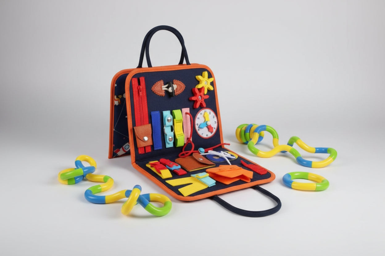 Children's tool set in a carrying case with measurements, alongside a toy snake.
