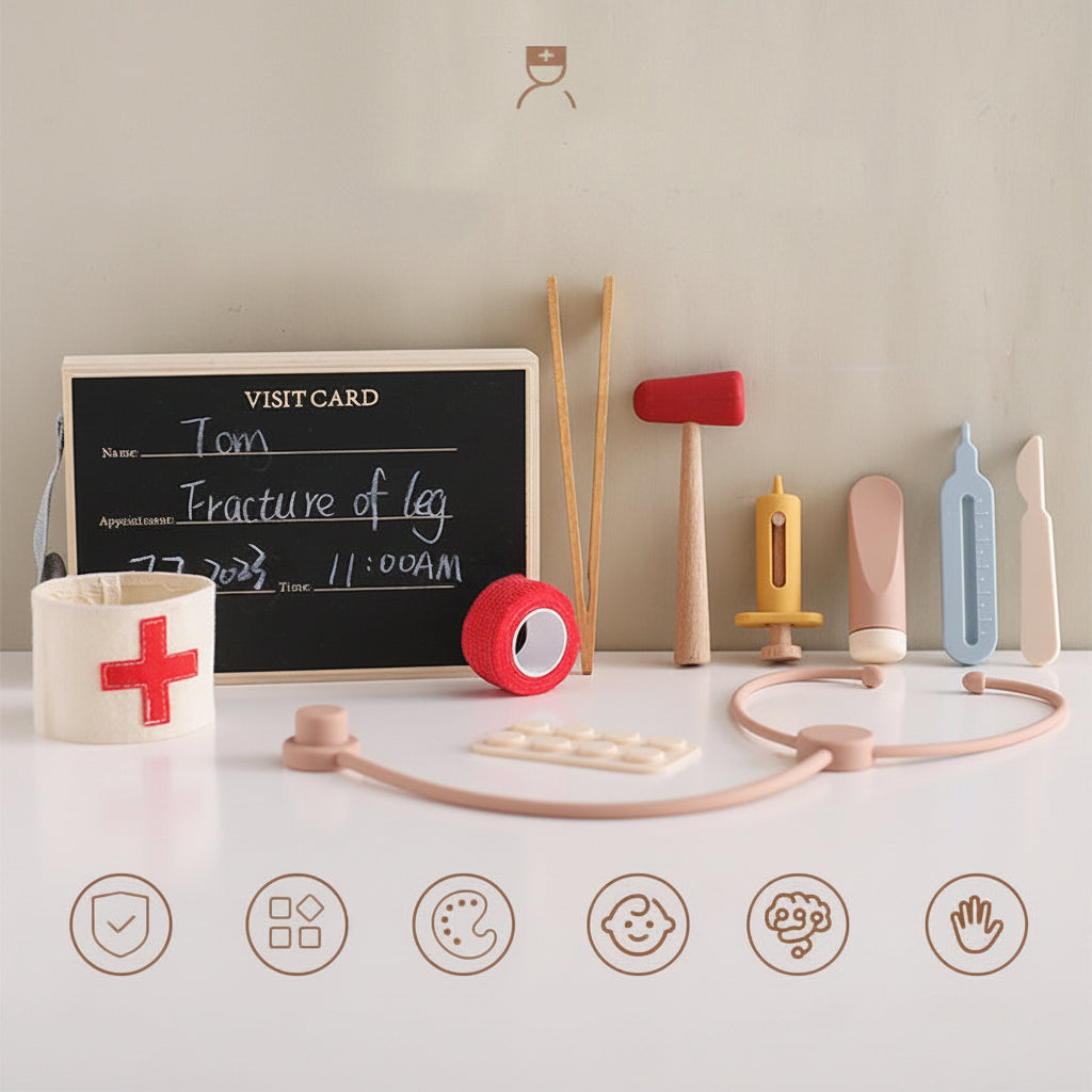 Set of medical tools and a visit card on a white surface with a beige background