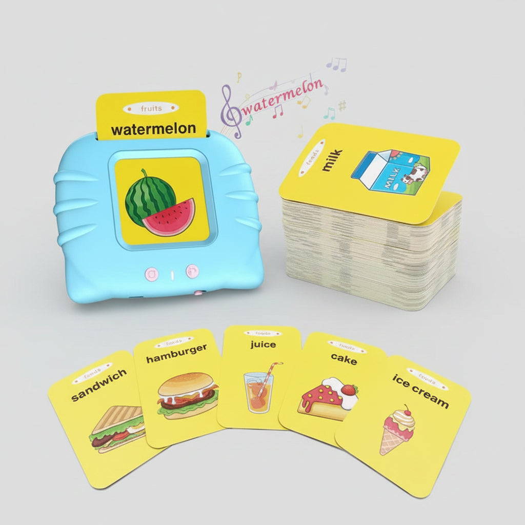 Educational flashcards with food illustrations and text on a white background