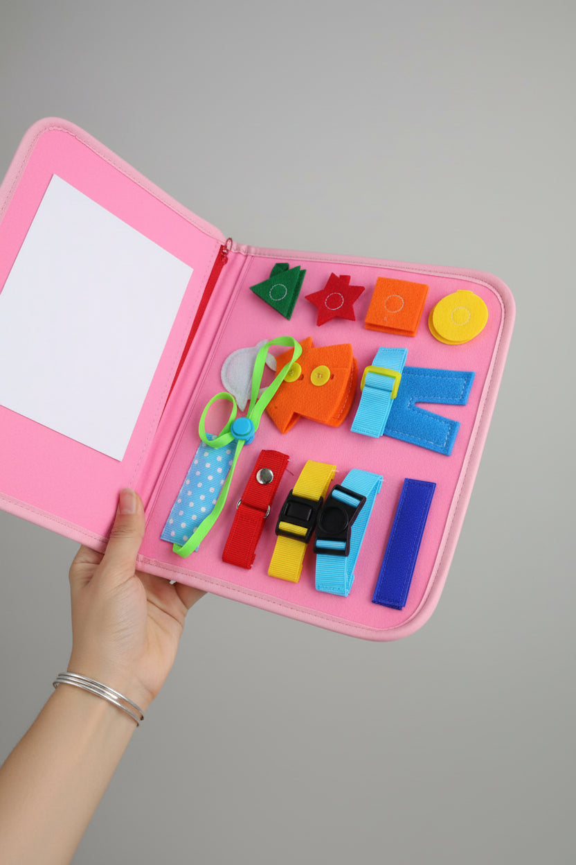 Colorful educational toys in a pink box with a child's hand reaching towards them.