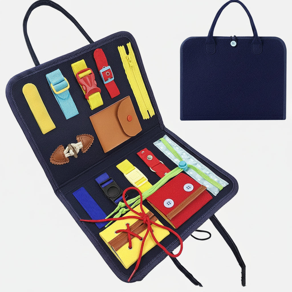Navy blue case with colorful items including straps and a wallet on a white background