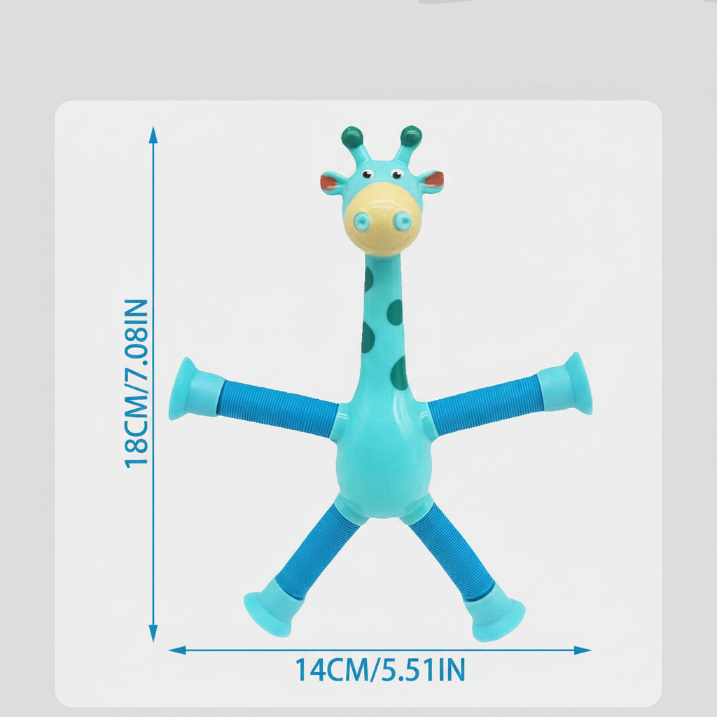 Giraffe-shaped toy with dimensions labeled, set against a blurred classroom background.