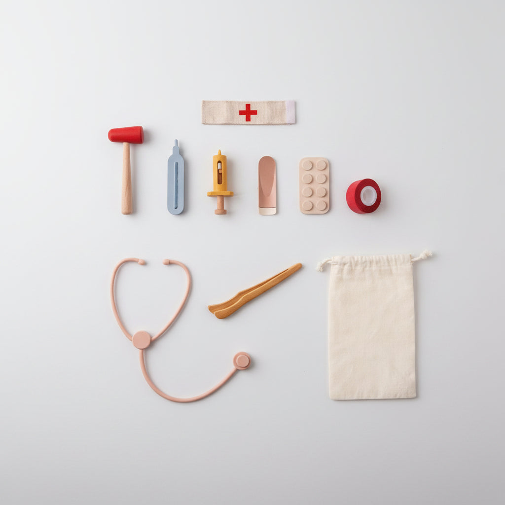 Medical kit with various components and dimensions on a white background