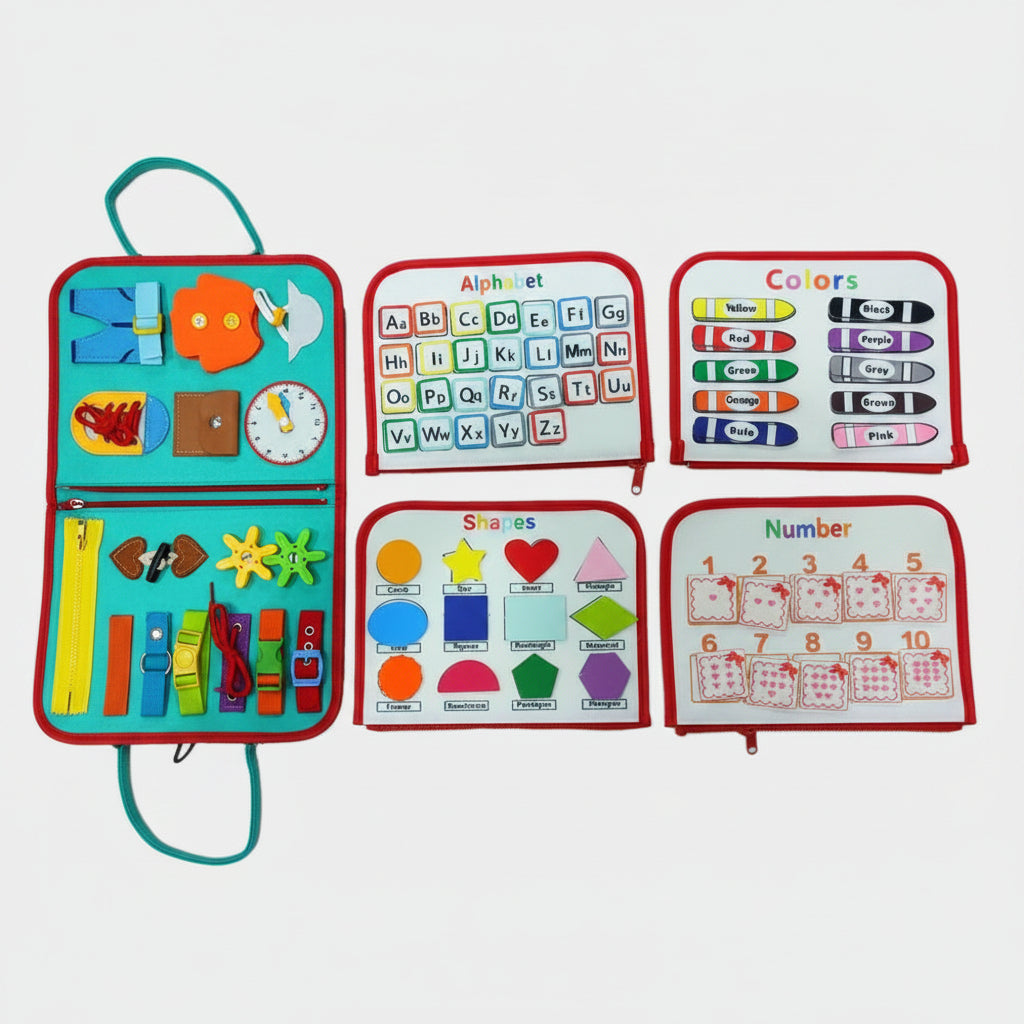 Educational toy set with colorful boards for learning alphabet, colors, shapes, and numbers.