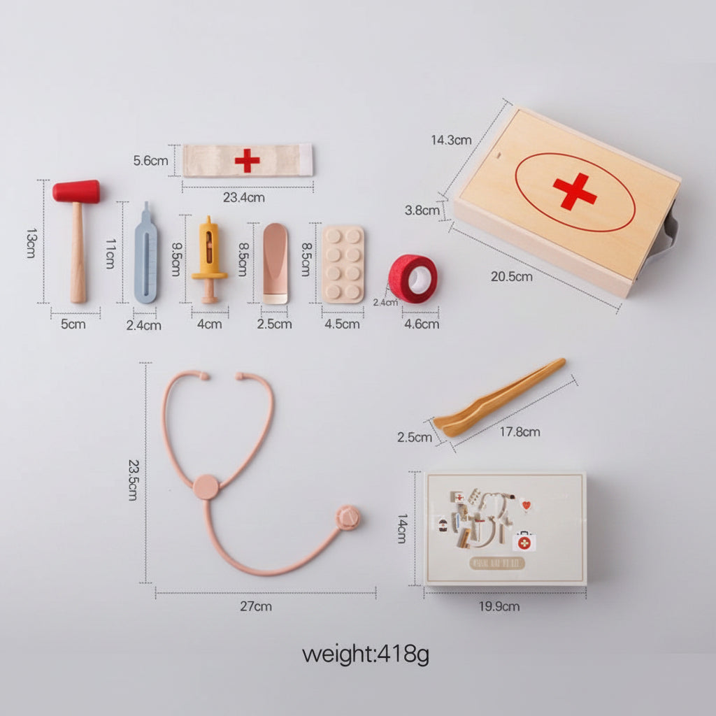 Measurement chart of a toy medical set with various medical tools and a wooden box labeled 'First Aid'.