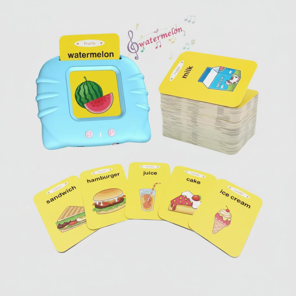 Educational flashcards with food illustrations and text on a white background