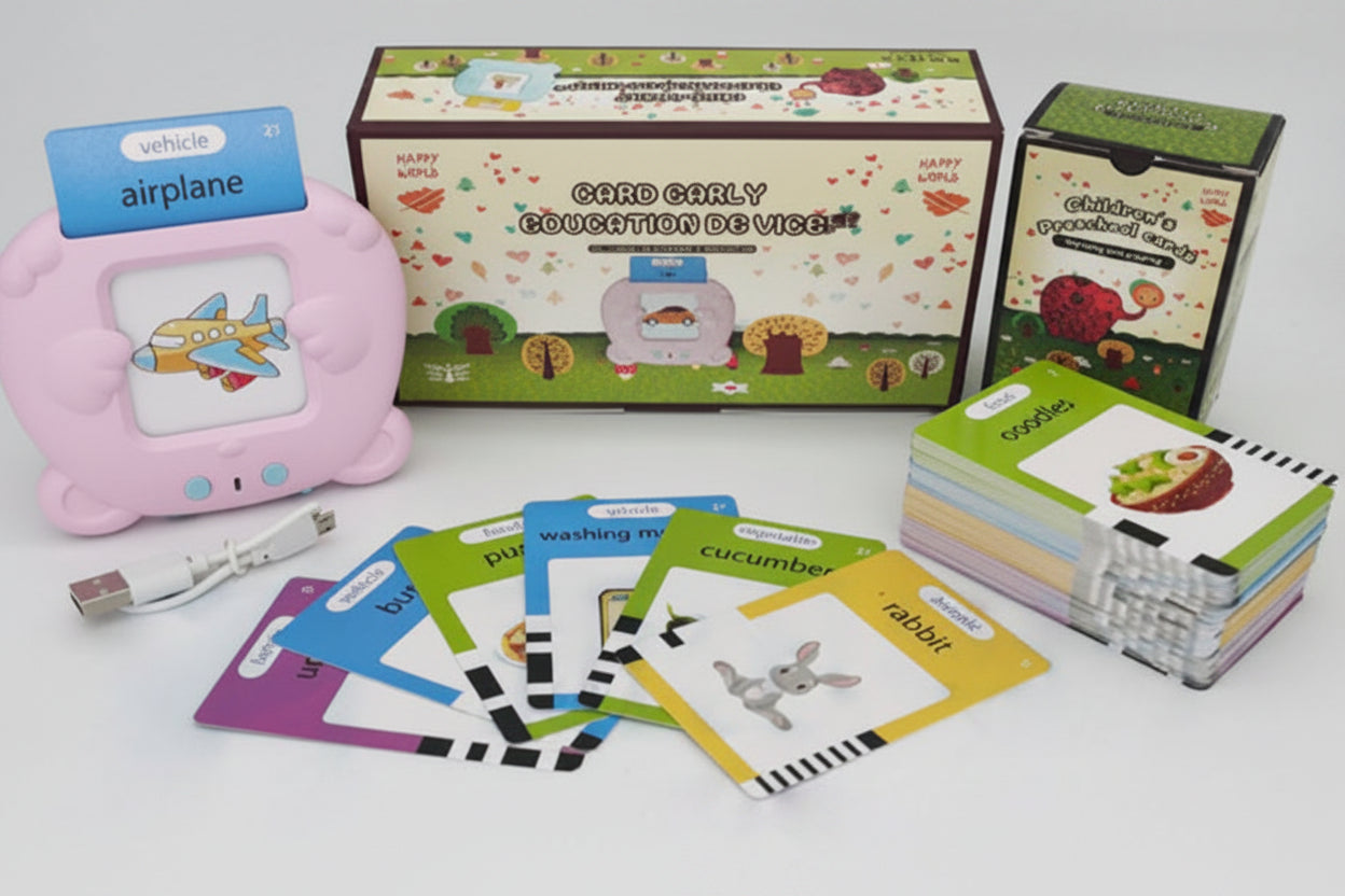 Educational children's product with cards, toy airplane, and packaging on a white background