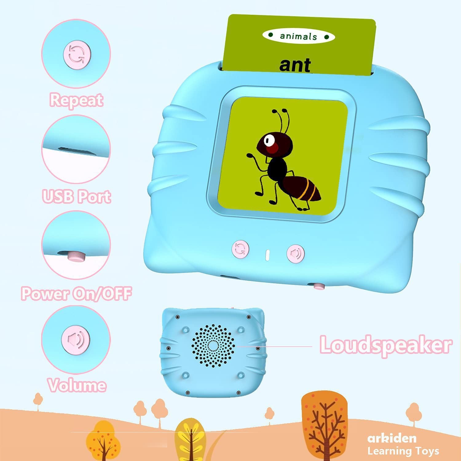 Children's educational toy with ant illustration and labeled parts on a light blue background.