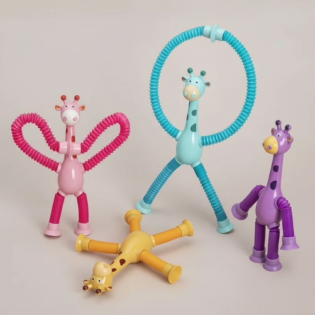 Colorful giraffe-shaped toys with flexible necks on a beige background